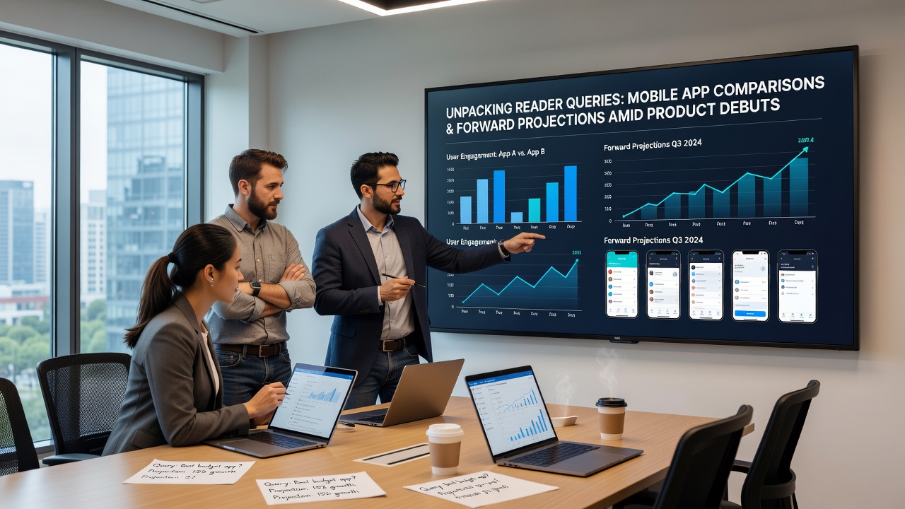 Developers reviewing forward projection data and mobile app performance metrics on large screens during a 2026 product debut conference